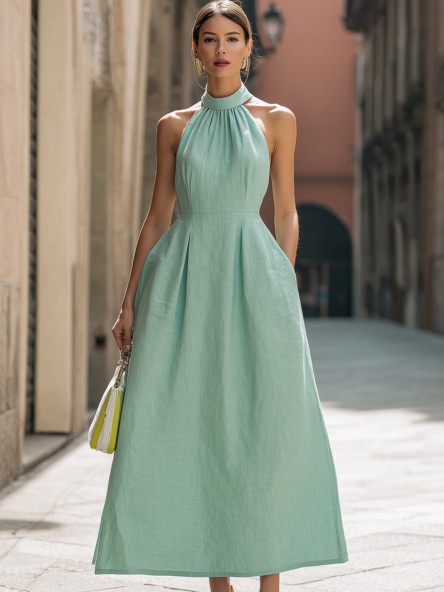 Olivia Bennet | Mint Green Halter Neck Pleated Maxi Dress With Pockets