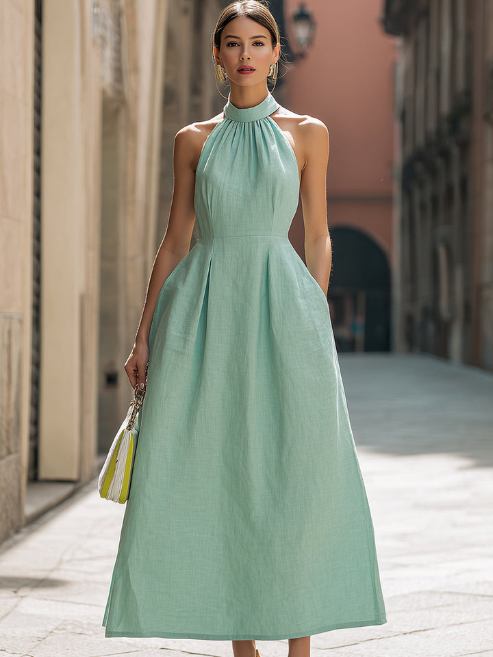 Olivia Bennet | Mint Green Halter Neck Pleated Maxi Dress With Pockets
