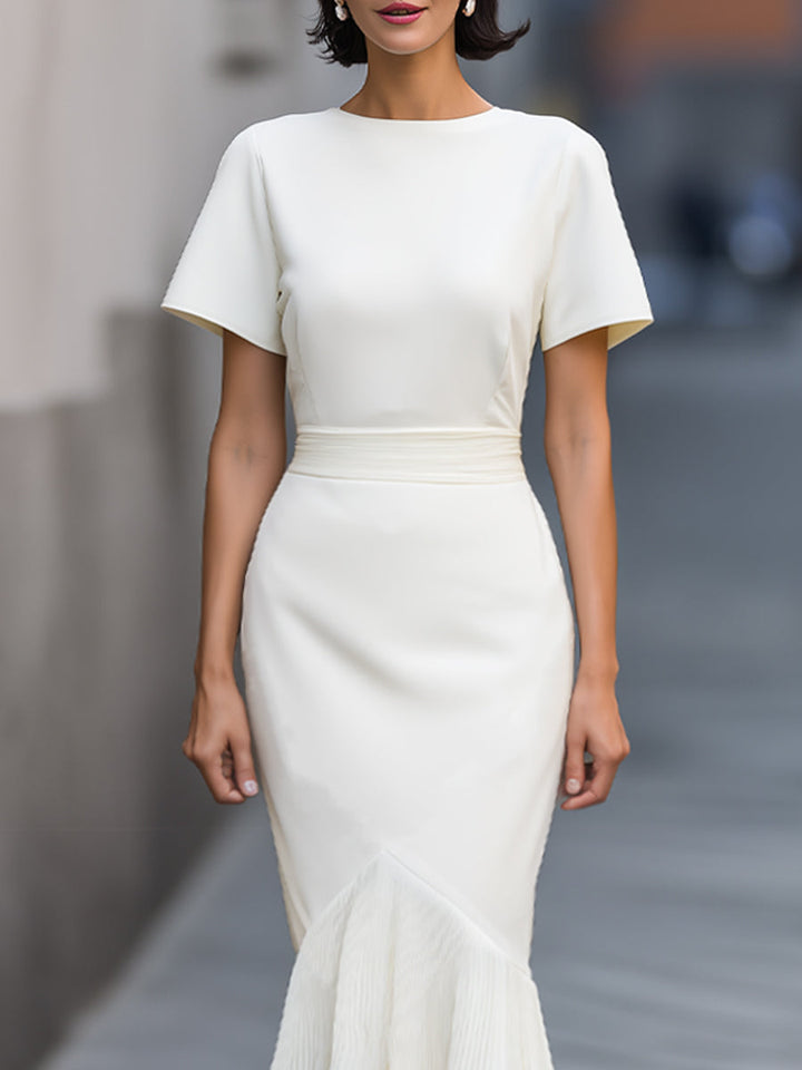 Olivia Bennet | Structured Waist Pleated Ruffle Hem Maxi Dress