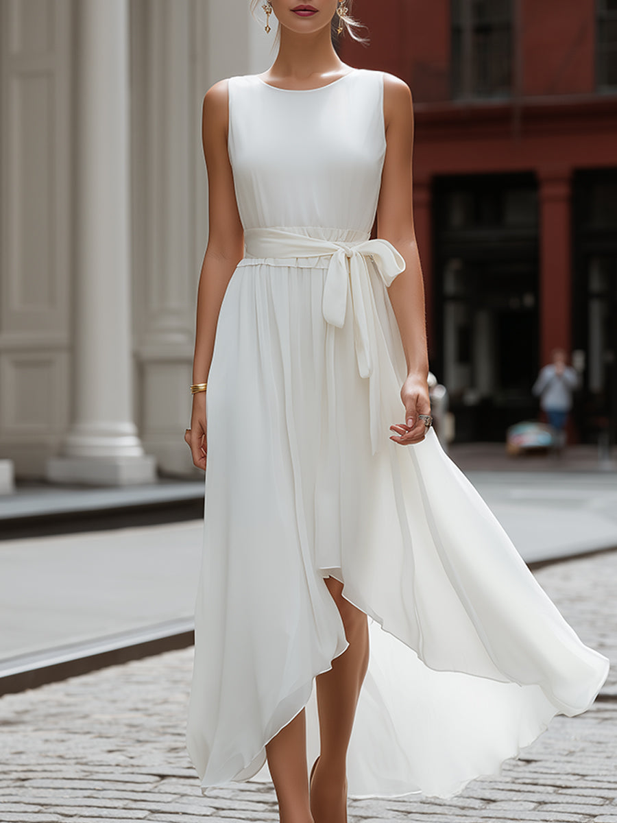 Olivia Bennet | Sleeveless Round Neck Tie-Waist Asymmetric Hem Flowing Midi Dress