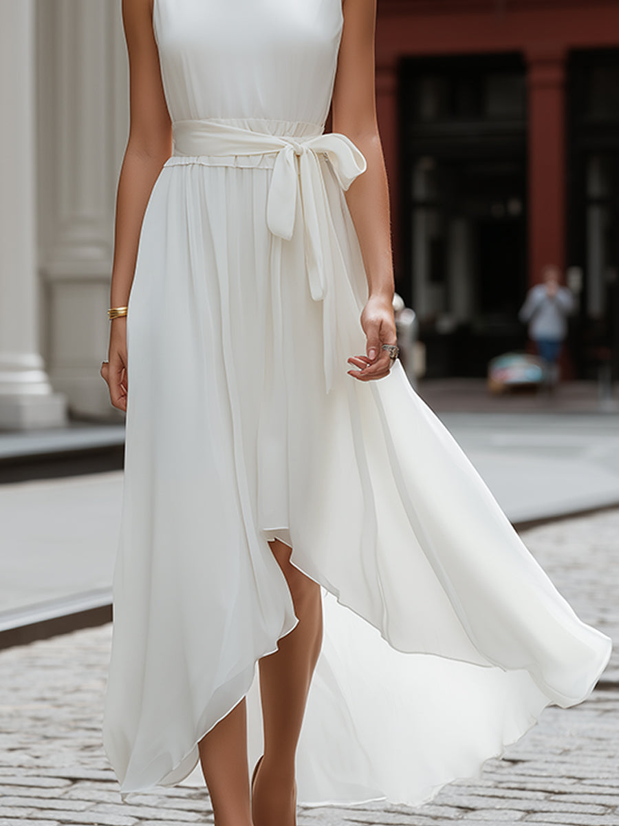 Olivia Bennet | Sleeveless Round Neck Tie-Waist Asymmetric Hem Flowing Midi Dress