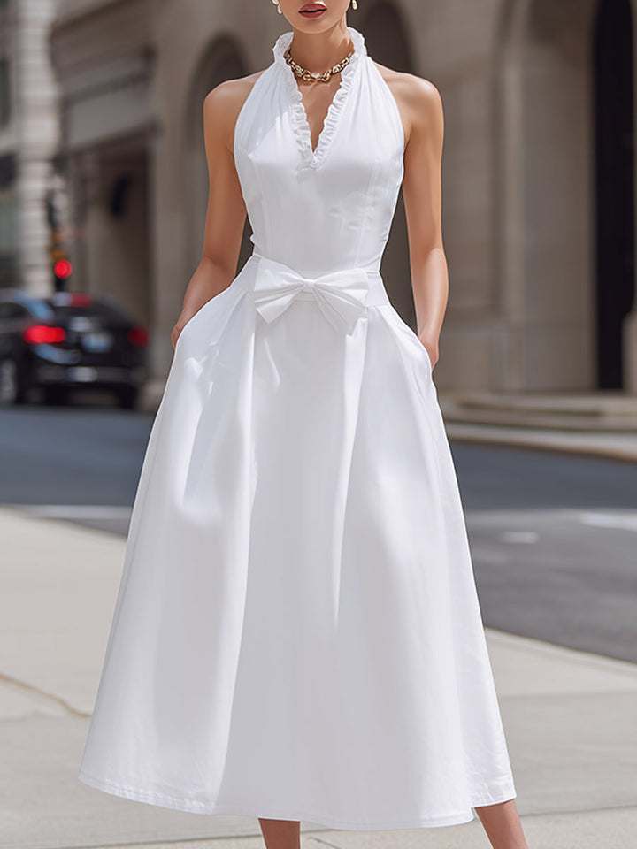 Olivia Bennet | Halter Ruffle Neck Bow Waist Sleeveless A-Line Maxi Dress