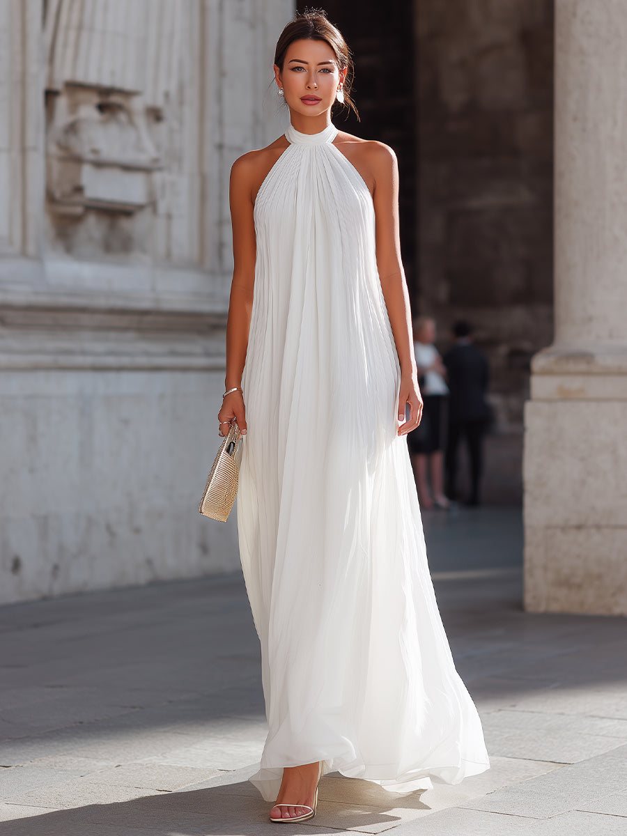 Olivia Bennet | Pleated Halter Neck Flowing Maxi Dress