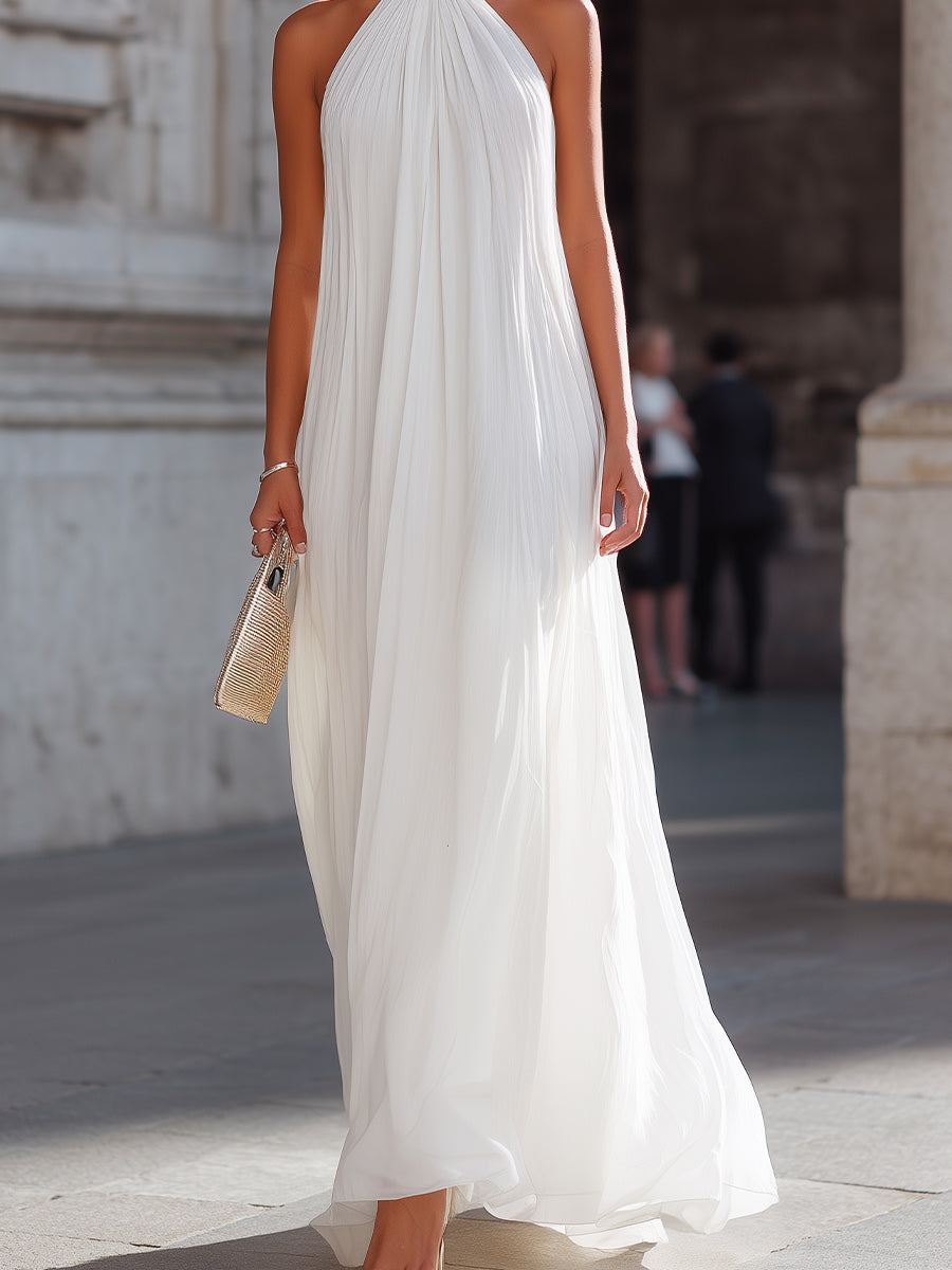 Olivia Bennet | Pleated Halter Neck Flowing Maxi Dress