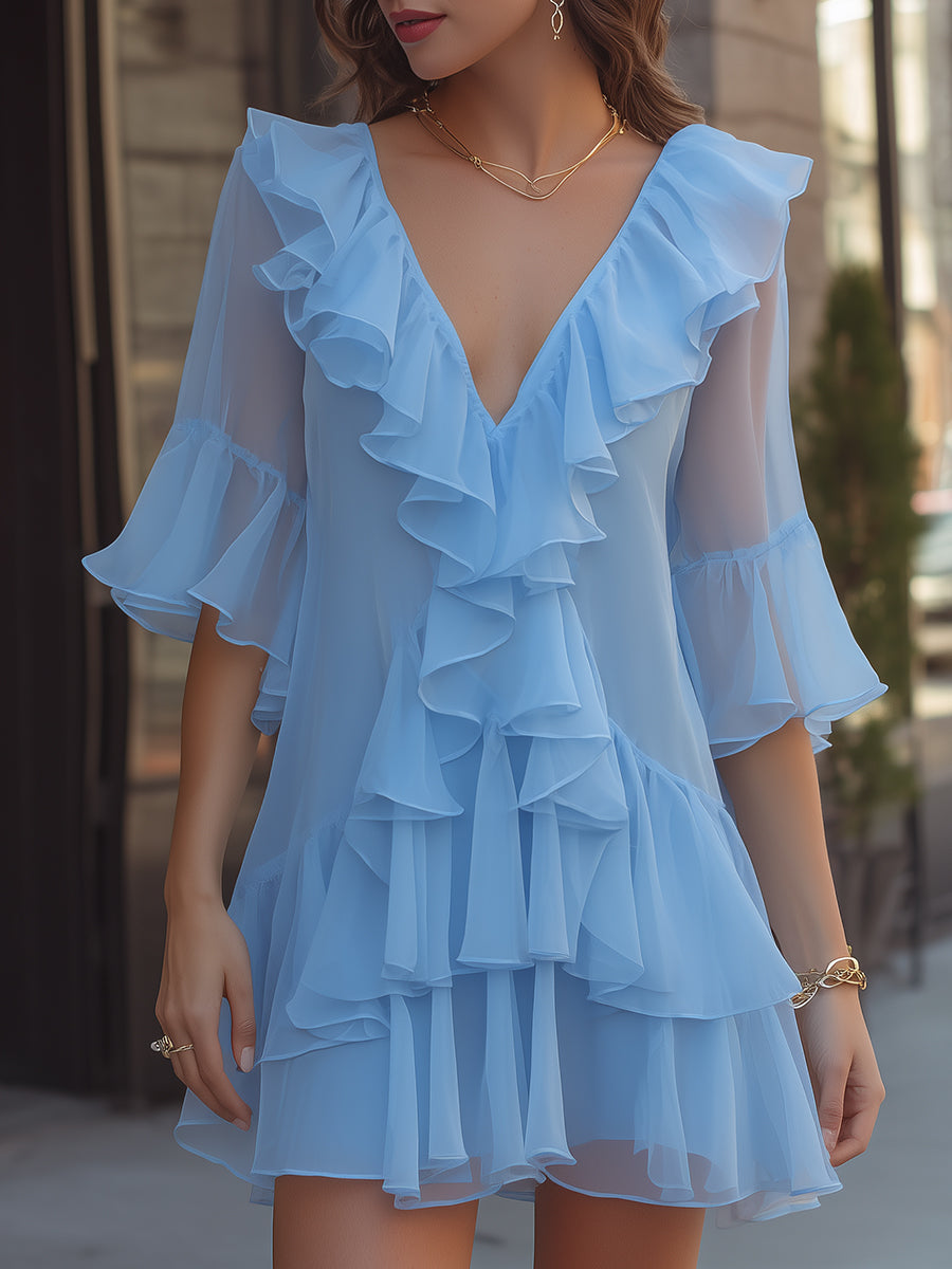 Olivia Bennet | Layered Ruffle V-Neck Chiffon Mini Dress