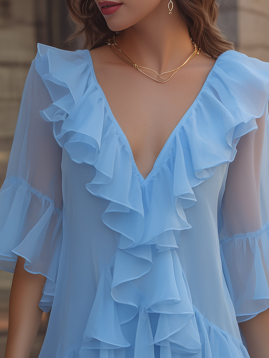 Olivia Bennet | Layered Ruffle V-Neck Chiffon Mini Dress