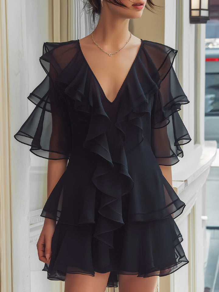 Olivia Bennet | Layered Ruffle V-Neck Chiffon Mini Dress