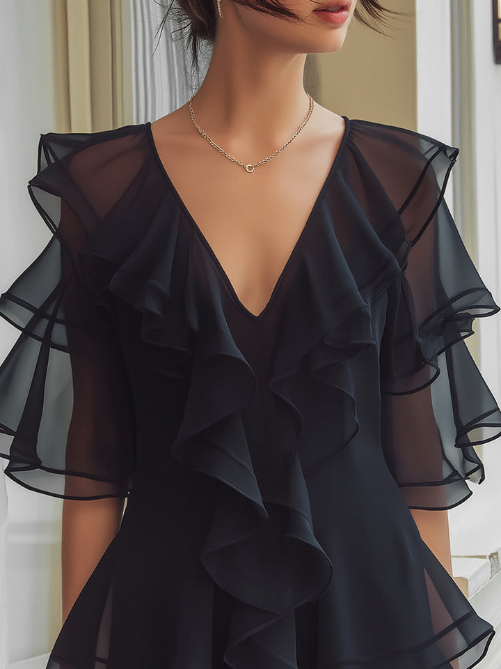 Olivia Bennet | Layered Ruffle V-Neck Chiffon Mini Dress