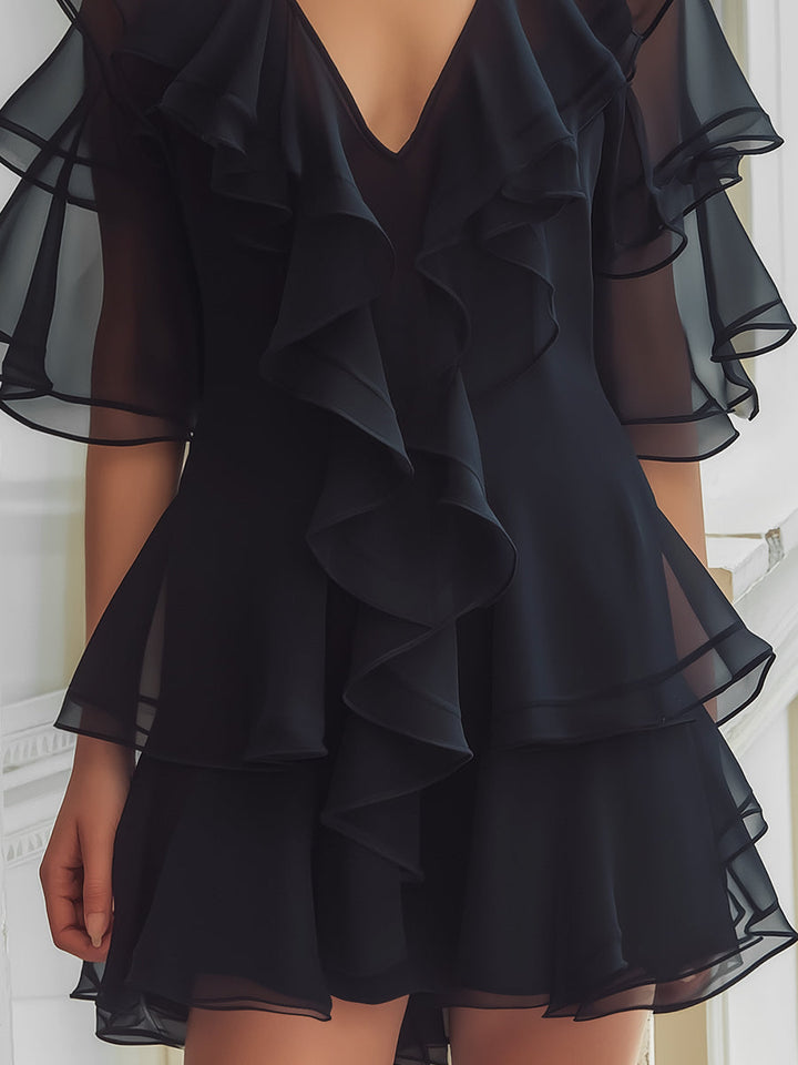 Olivia Bennet | Layered Ruffle V-Neck Chiffon Mini Dress
