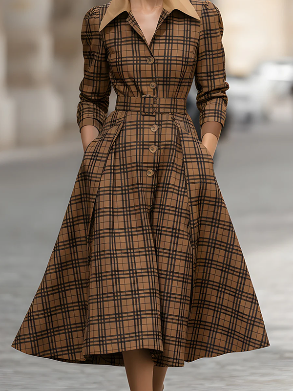 Olivia Bennet | High Waisted Three-Quarter Sleeves Belted Buttoned Plaid Pleated Pockets Lapel Midi Dresses