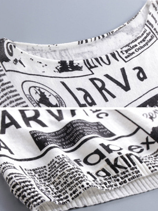 Olivia Bennet | Vintage Loose One-Shoulder Newspaper Printed Split-Joint Sweater