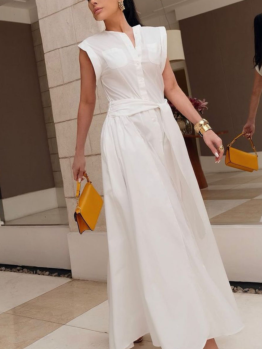 Olivia Bennet | Cap Sleeve Loose Buttoned Solid Color Split-Side Tied Waist Maxi Dresses Shirt Dress
