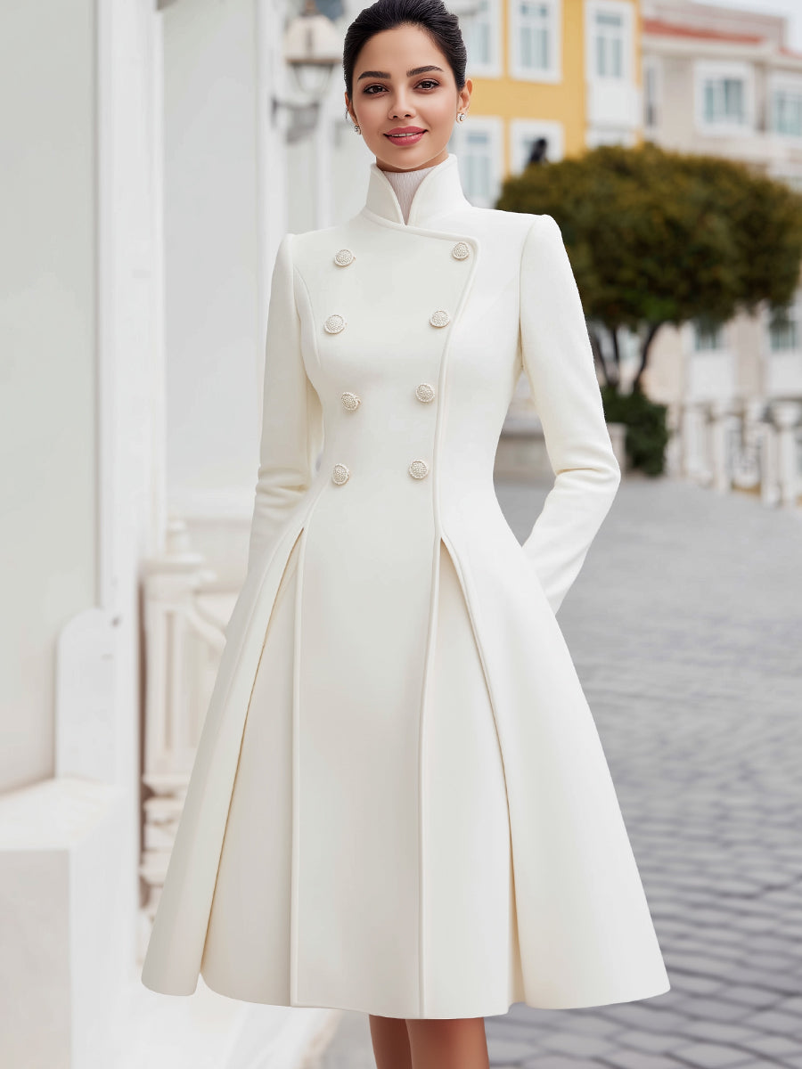 Olivia Bennet | Elegant Double-Breasted Flared A-Line Coat Dress