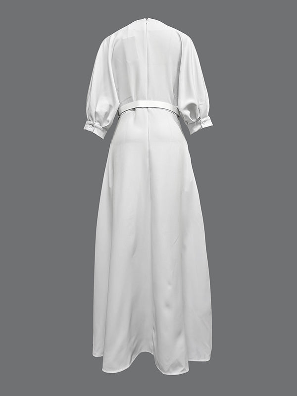 Olivia Bennet | Half Sleeves Loose Belted Solid Color Deep V-Neck Maxi Dresses
