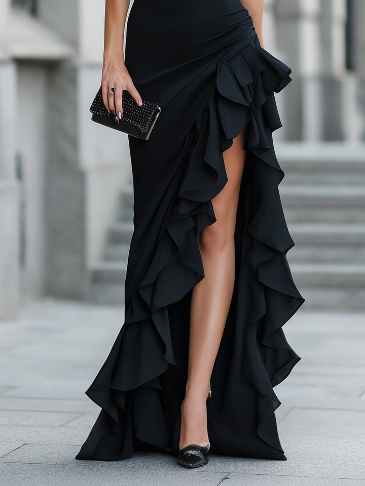 Olivia Bennet | Asymmetric One-Shoulder Ruffle Slit Evening Dress