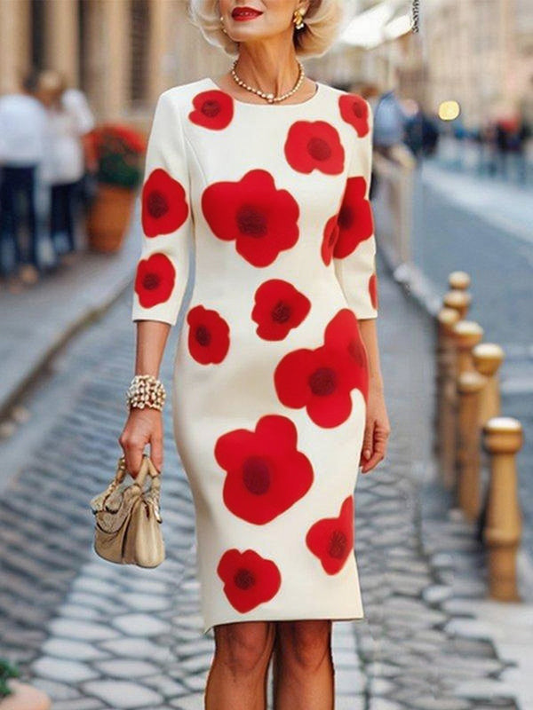 Olivia Bennet | Three-Quarter Sleeves Flower Print Round-Neck Midi Dresses