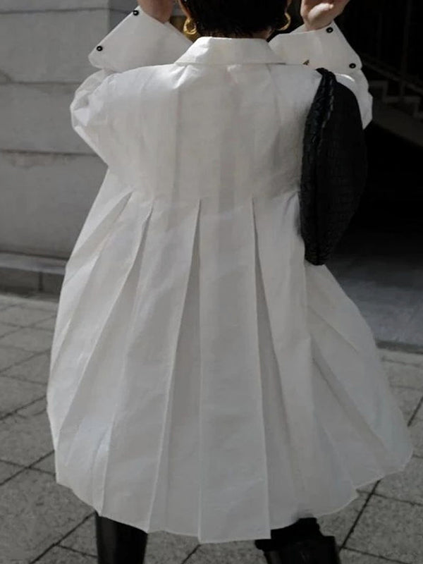 Olivia Bennet | Long Sleeves Buttoned Pleated Solid Color Lapel Midi Dresses Shirt Dress