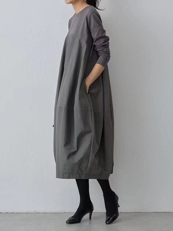Olivia Bennet | Long Sleeves Loose Split-Joint Round-Neck Midi Dresses