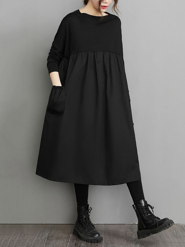 Olivia Bennet | Simple Loose Black Split-Joint Long Sleeves Midi Dress