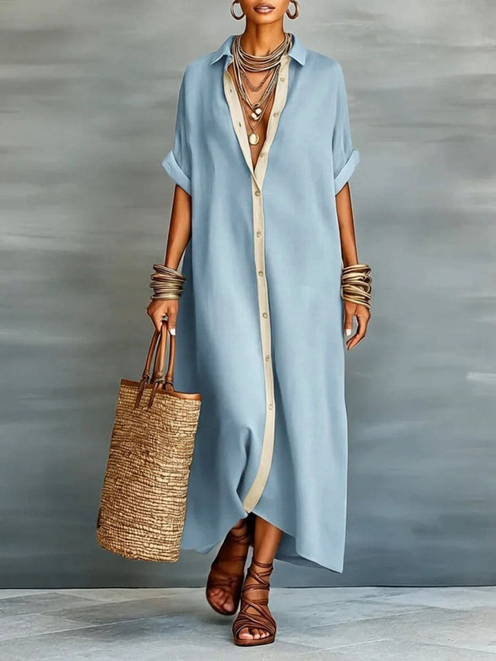Olivia Bennet | Loose Short Sleeves Buttoned Pockets Split-Joint Lapel Maxi Dresses