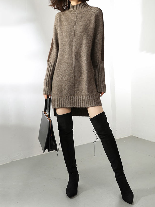 Olivia Bennet | Loose Long Sleeves Contrast Color Half Turtleneck Sweater Dresses