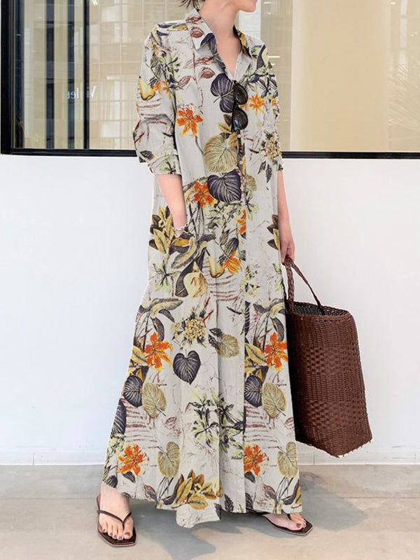Olivia Bennet | Loose Plus Size Printed Split-Joint Lapel Maxi Dresses Shirt Dress