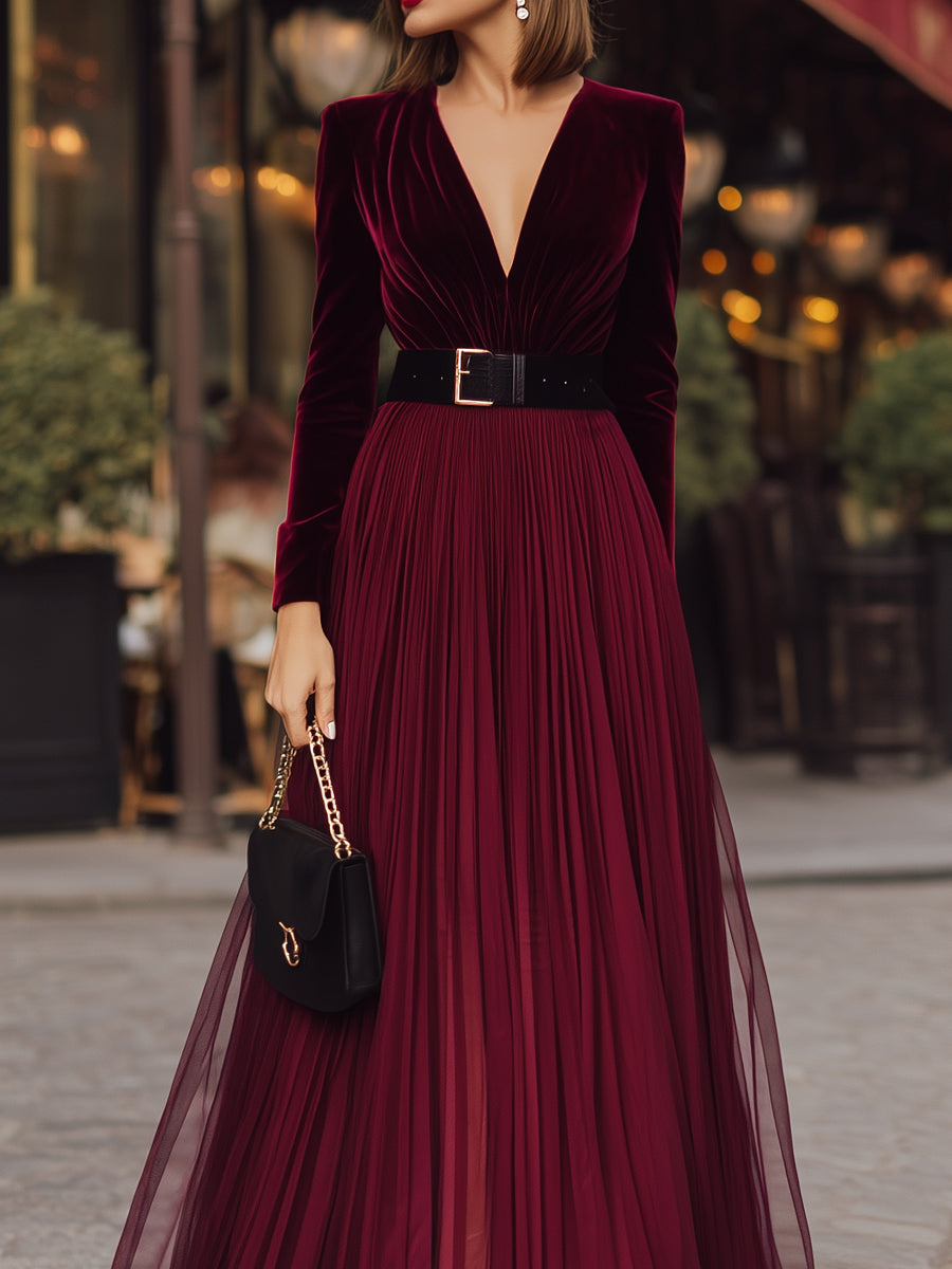 Olivia Bennet | Deep-V Neckline Pleated Mesh Overlay Velvet Maxi Dress