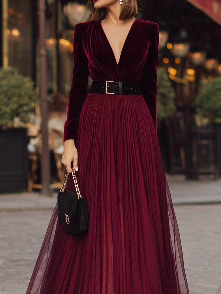 Olivia Bennet | Deep-V Neckline Pleated Mesh Overlay Velvet Maxi Dress