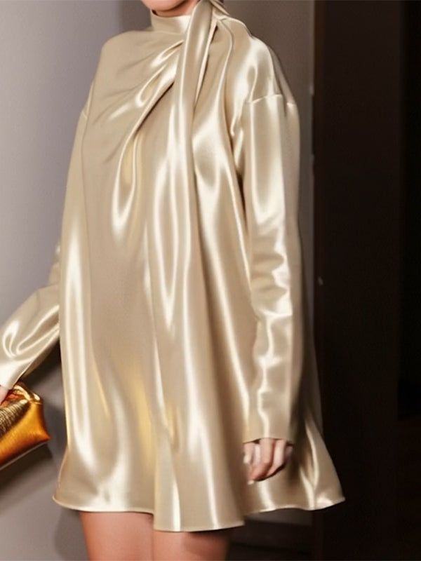 Olivia Bennet | Long Sleeves Loose Shiny Solid Color High Neck Mini Dresses