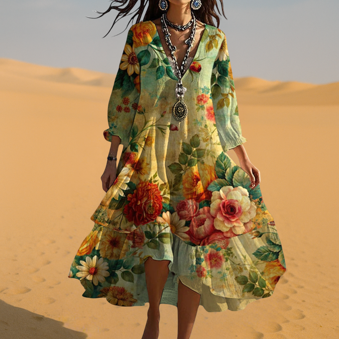 Women Vintage Boho V-Neck Summer Dress