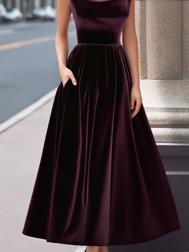 Olivia Bennet | Black Cowl-Neck A-Line Velvet Evening Gown