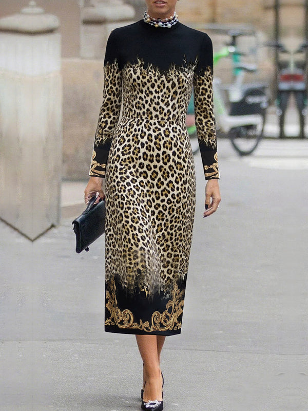 Olivia Bennet | High Waisted Long Sleeves Contrast Color Leopard Printed Split-Joint Round-Neck Maxi Dresses