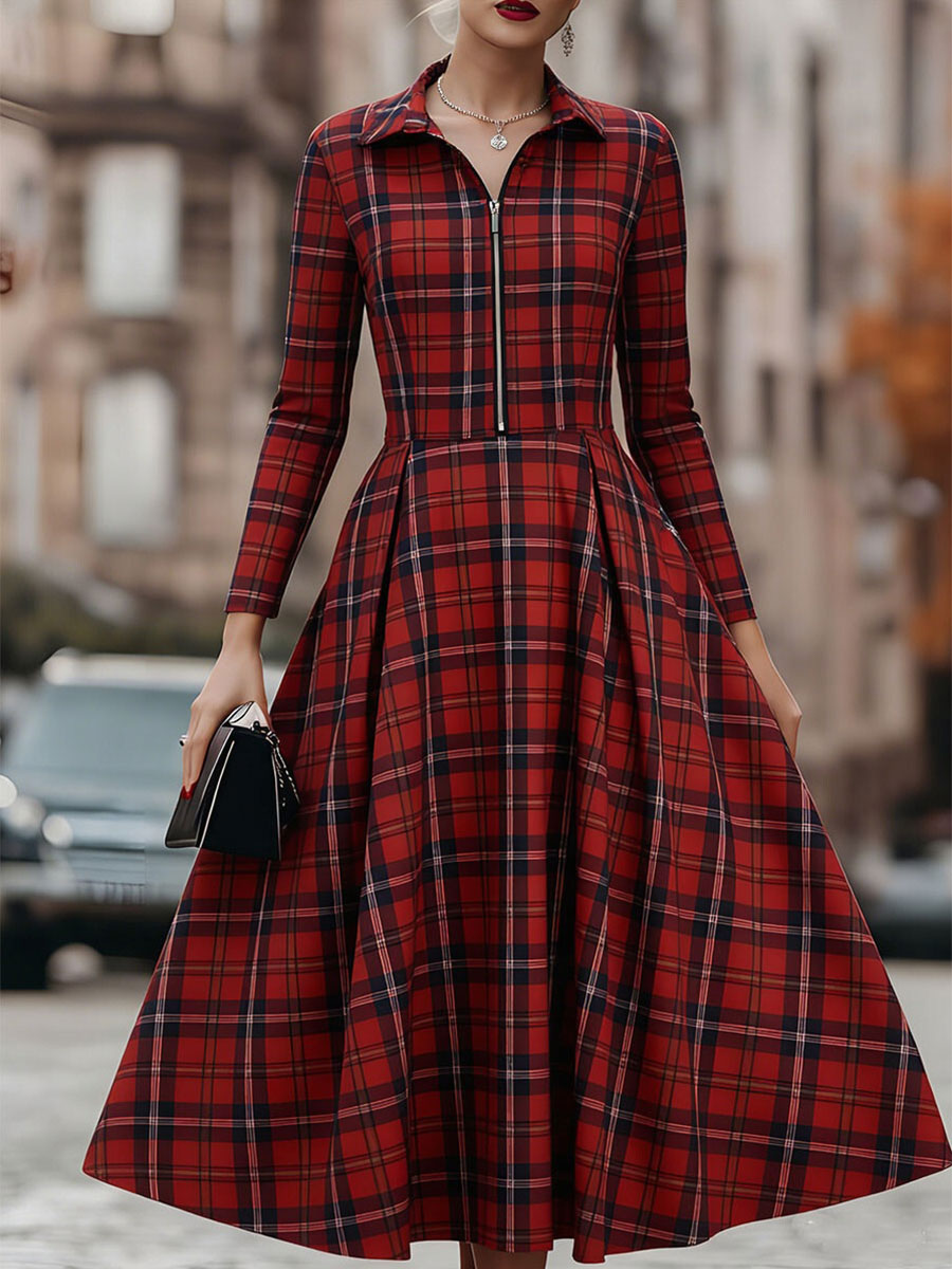 Olivia Bennet | Elegant Long Sleeve Plaid Dress - Perfect Blend Of Classic And Contemporary