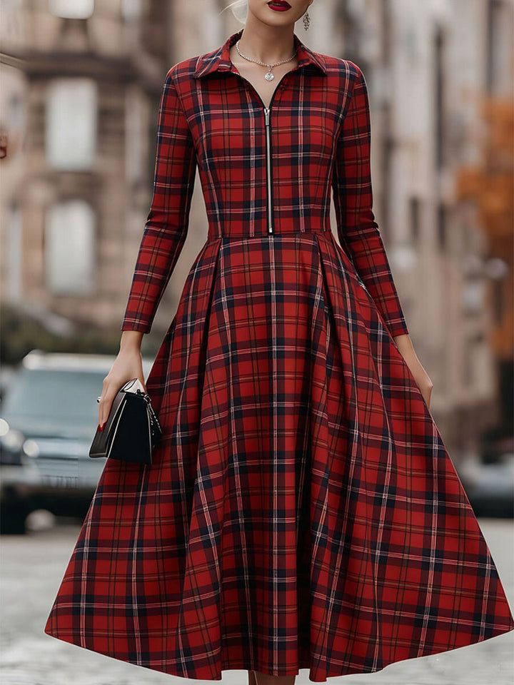 Olivia Bennet | Elegant Long Sleeve Plaid Dress - Perfect Blend Of Classic And Contemporary