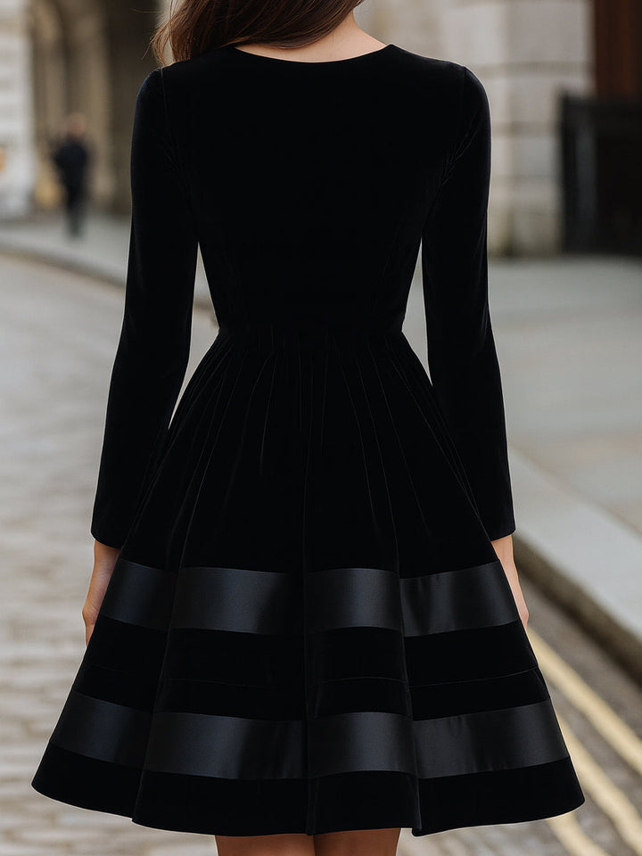 Olivia Bennet | Black Fit-and-Flare Satin-Striped Velvet Dress