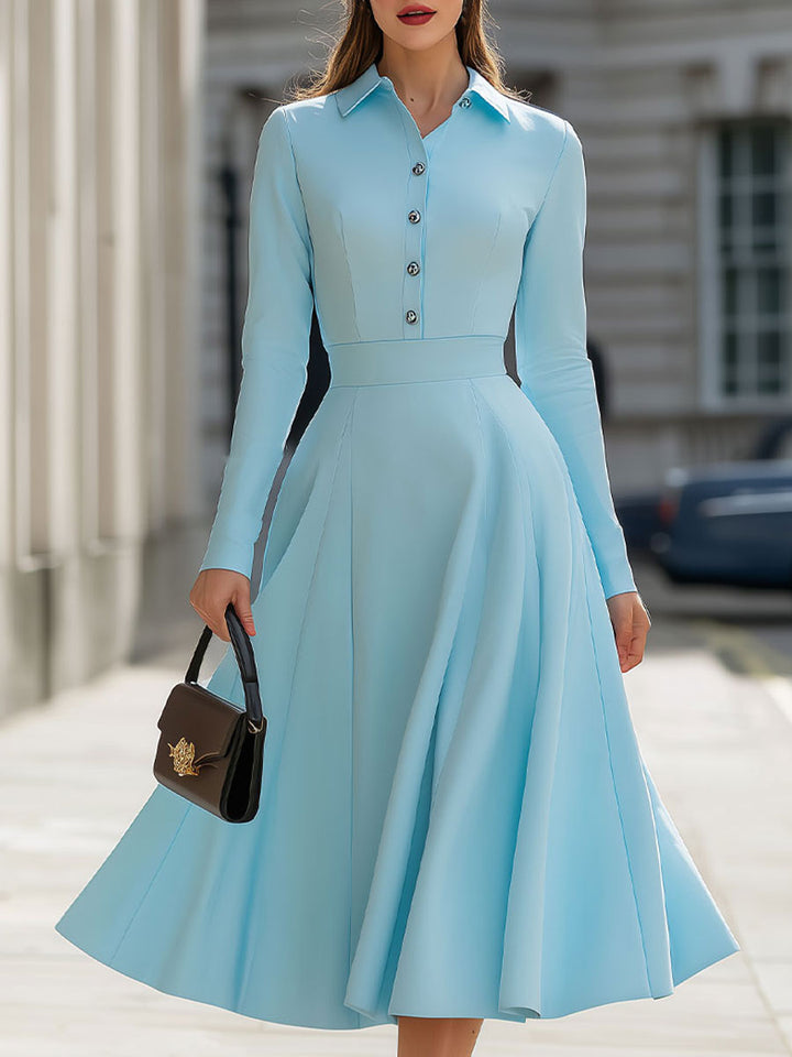Olivia Bennet | Sky Blue Shirt-Collar Fit-and-Flare Dress