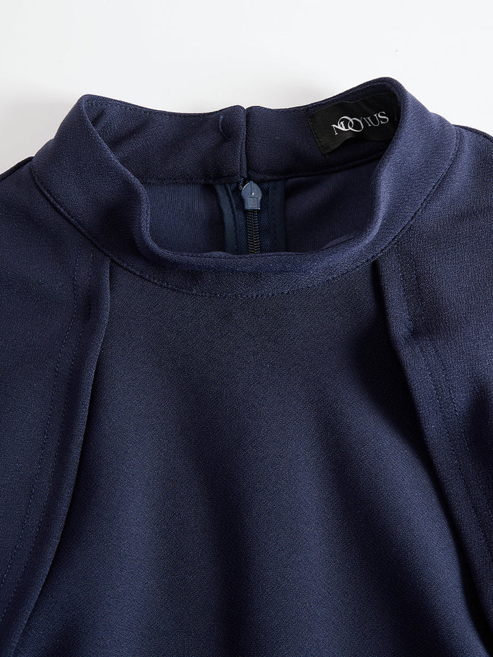 Olivia Bennet | Elegant Navy Cape-Sleeve Midi Dress