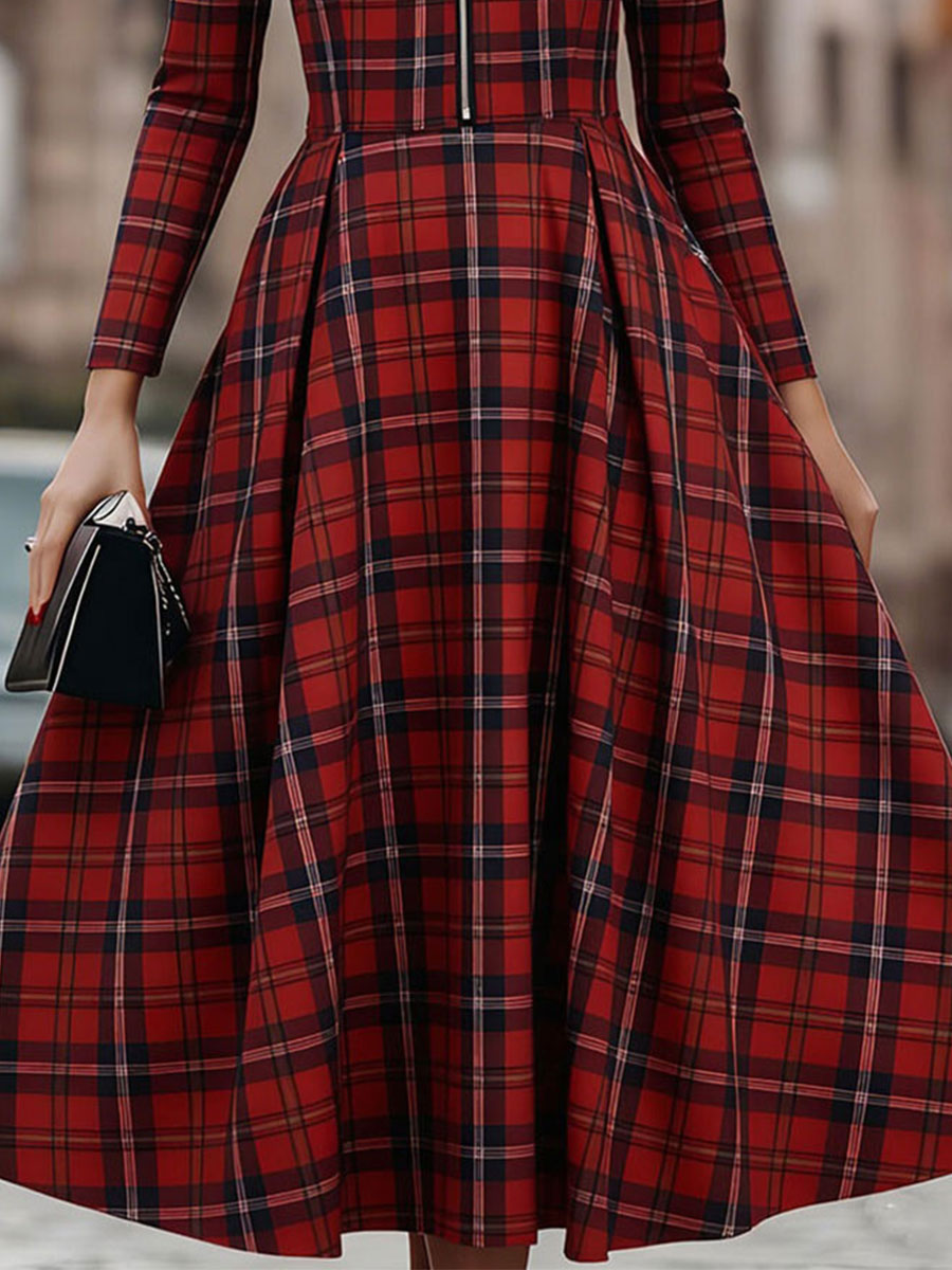 Olivia Bennet | Elegant Long Sleeve Plaid Dress - Perfect Blend Of Classic And Contemporary