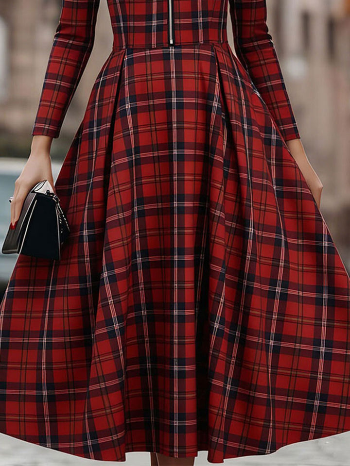 Olivia Bennet | Elegant Long Sleeve Plaid Dress - Perfect Blend Of Classic And Contemporary