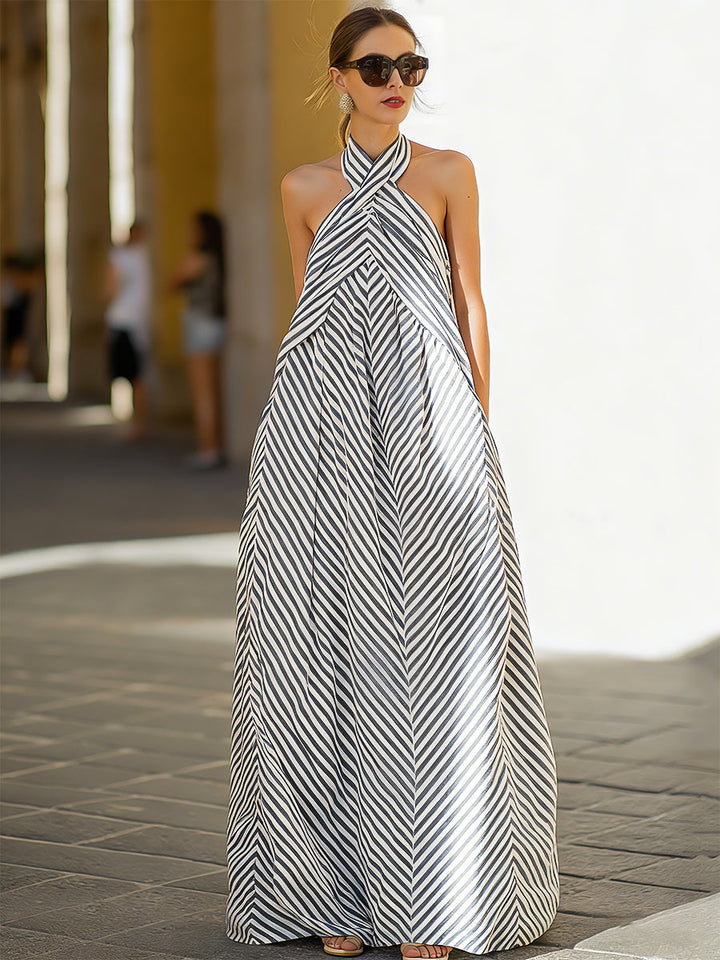 Olivia Bennet | Nautical Stripe Halter Neck Maxi Dress