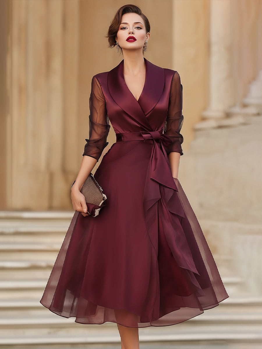 Olivia Bennet | Elegant Wrap Midi Dress With Sheer Sleeves