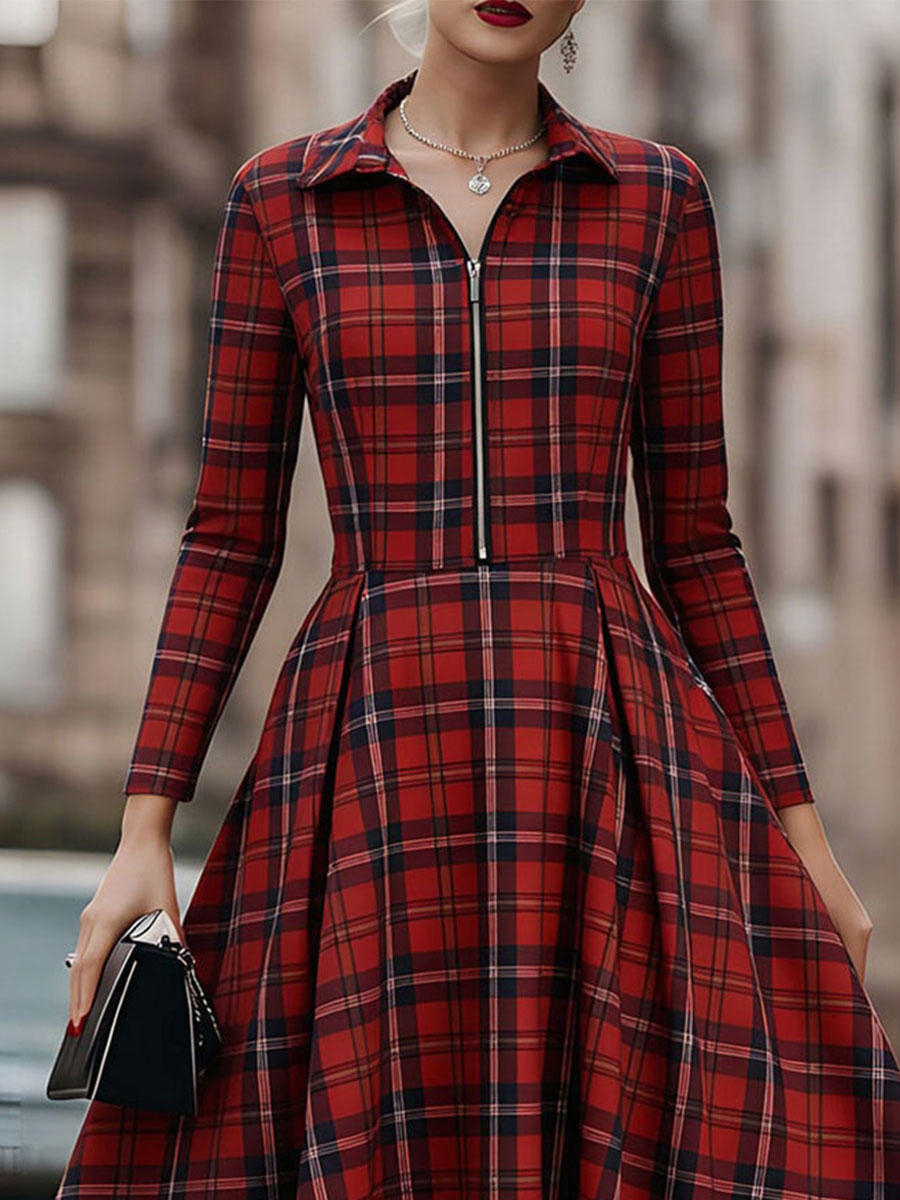 Olivia Bennet | Plaid Long-Sleeve Woven Cotton Dress