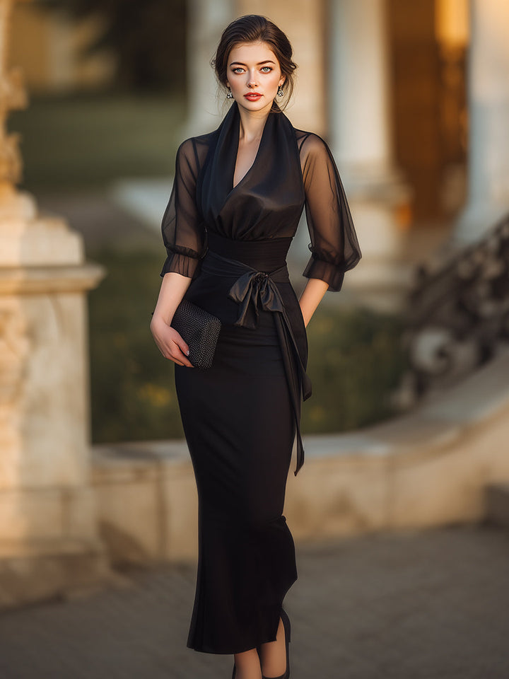 Olivia Bennet | Sheer-Drape Waist-Tie Evening Dress