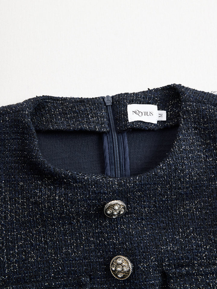 Olivia Bennet | Navy Embellished-Button Midi Tweed Dress
