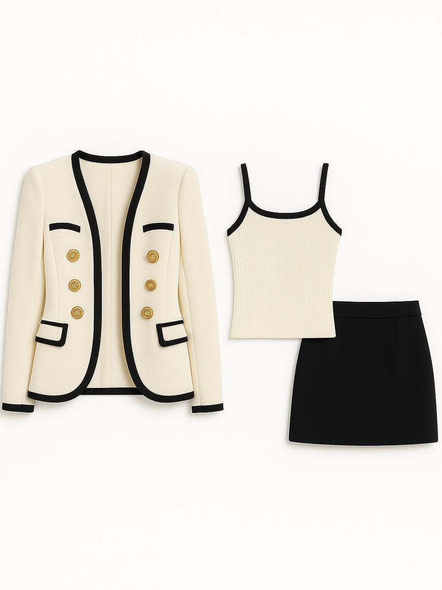 Olivia Bennet | Contrast-Trim, Gold-Button Three-Piece Suit