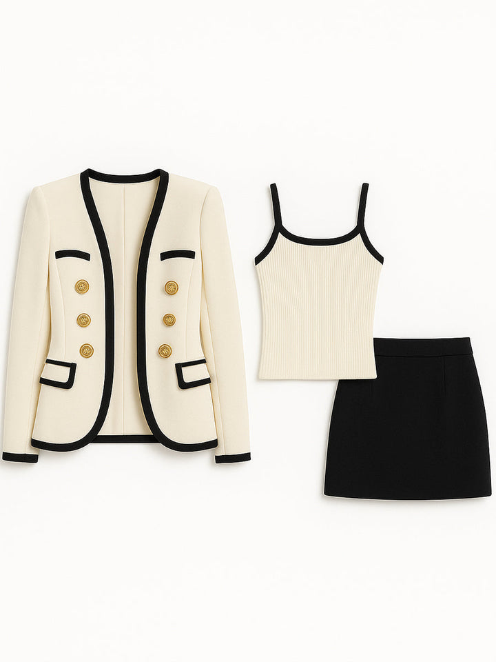 Olivia Bennet | Contrast-Trim, Gold-Button Three-Piece Suit