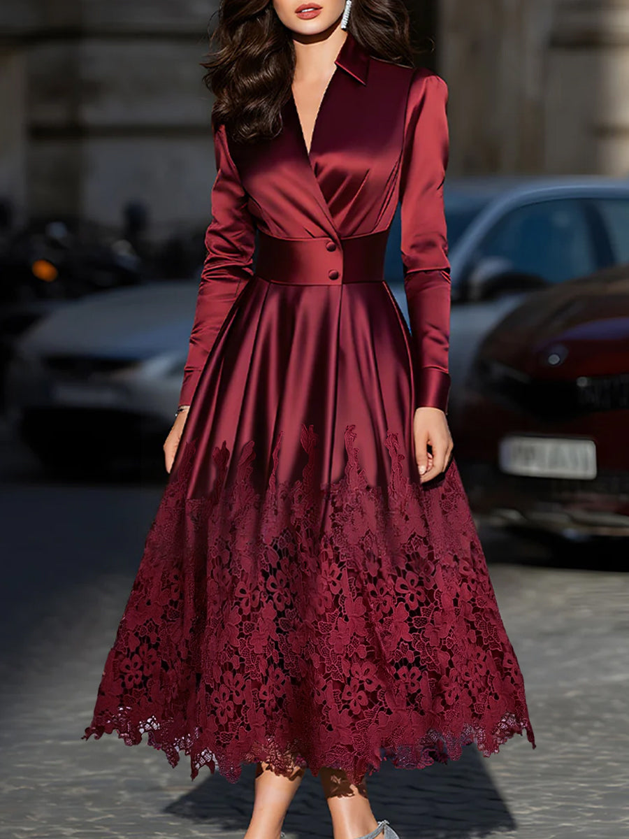 Olivia Bennet | Burgundy Satin Belted Midi Dress With Lace Hem