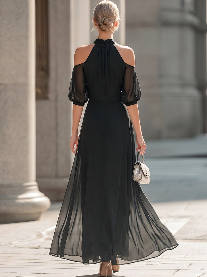 Olivia Bennet | Off-Shoulder Halterneck Sheer Layered Dress