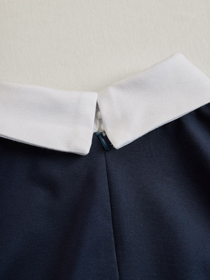 Olivia Bennet | Elegant Navy & White Contrast Button-Up Midi Dress
