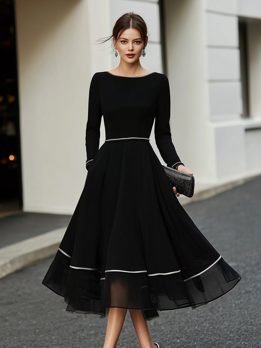 Olivia Bennet | Long Sleeve Contrast Trim Midi Dress With Flared Skirt